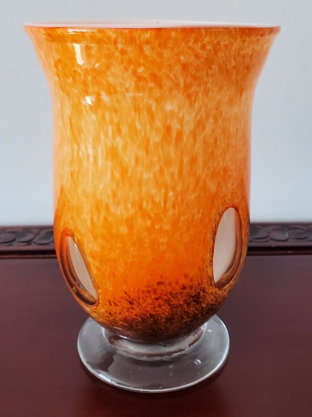 Brown Orange Ombre Art Glass Footed Lantern Vase Clear Glass Detail White Inside